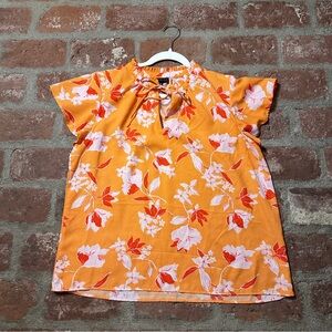 Bobeau XL Orange Vibrant Floral Split Neck Self Tie Neck Ruffled Flutter